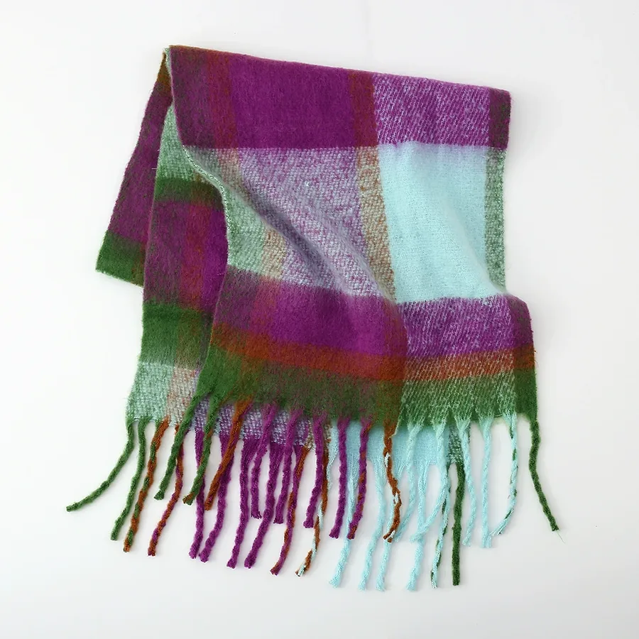 Polyester Rainbow Plaid Scarf with Fringe view 6