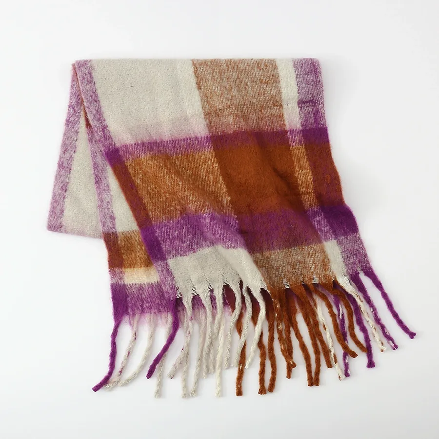 Polyester Rainbow Plaid Scarf with Fringe view 7
