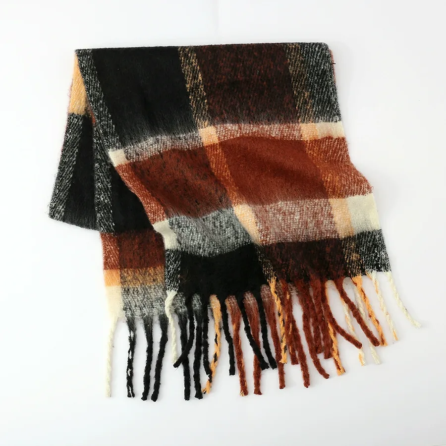 Polyester Rainbow Plaid Scarf with Fringe view 8