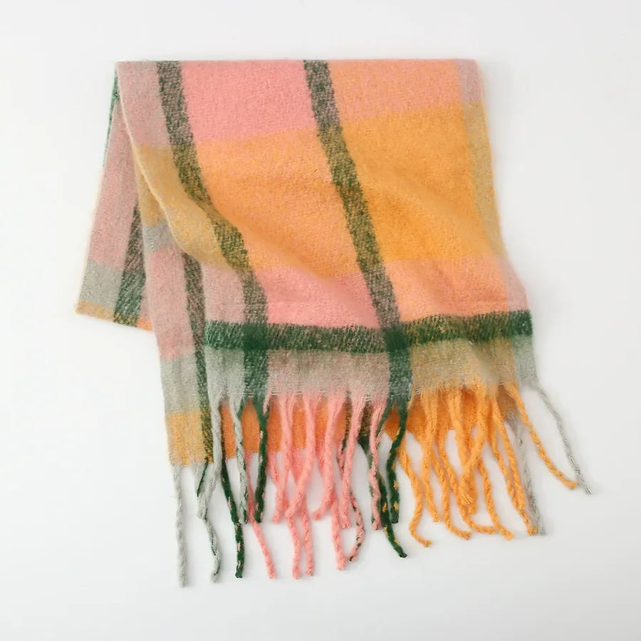 Polyester Rainbow Plaid Scarf with Fringe view 10