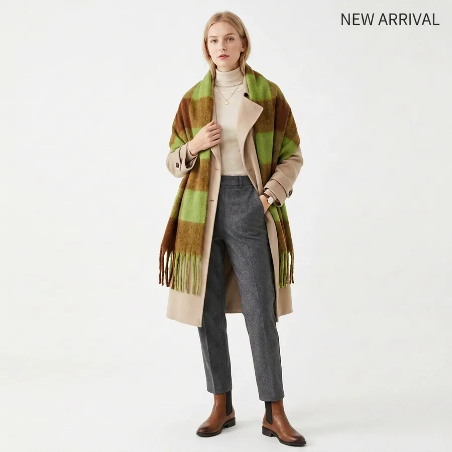 Polyester Check Scarf with Fringe