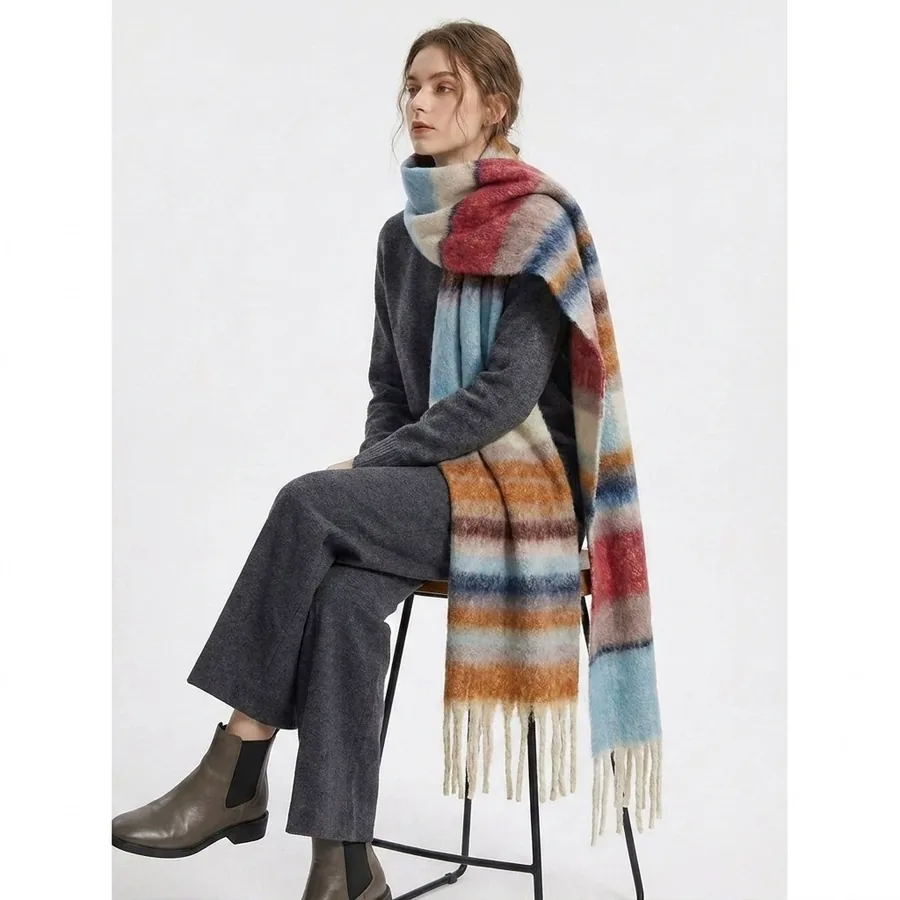 Polyester Chenille Stripe Scarf with Fringe