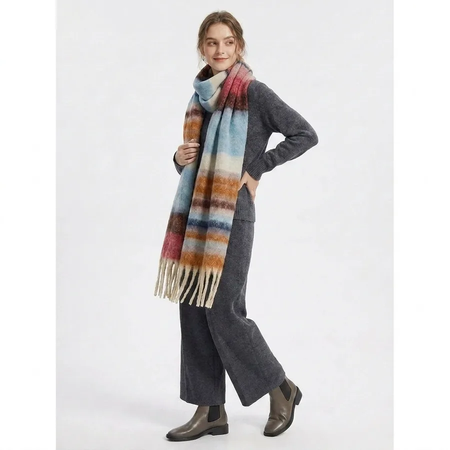 Polyester Chenille Stripe Scarf with Fringe view 2