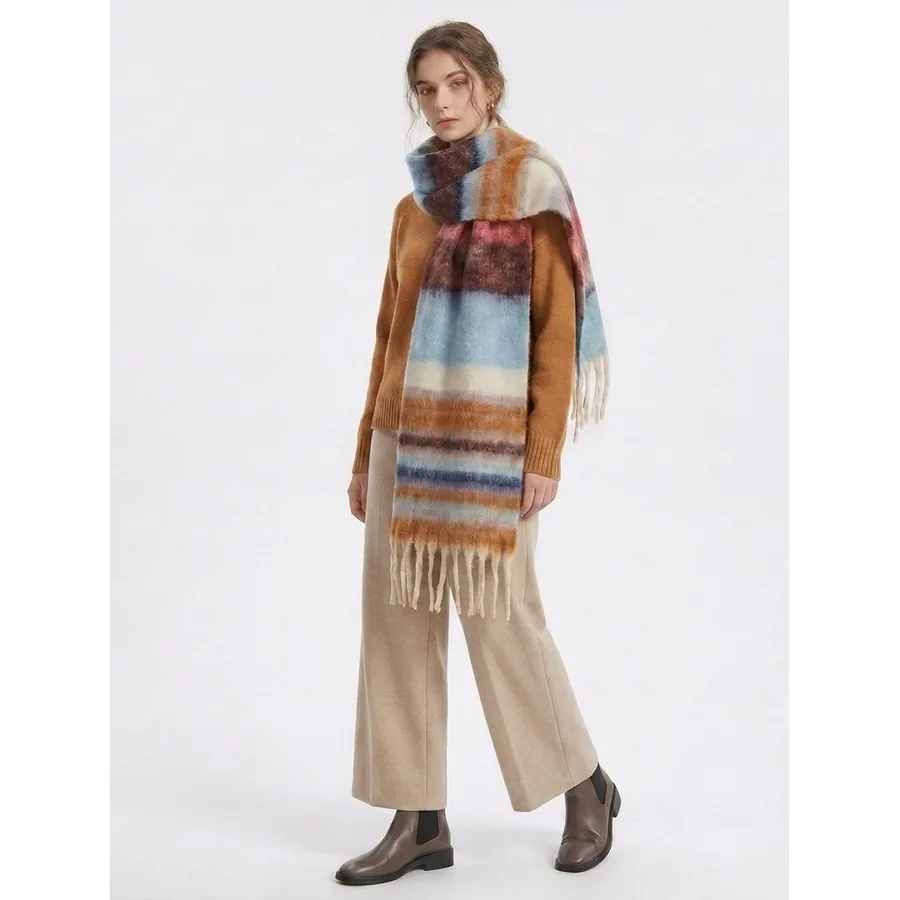 Polyester Chenille Stripe Scarf with Fringe view 3