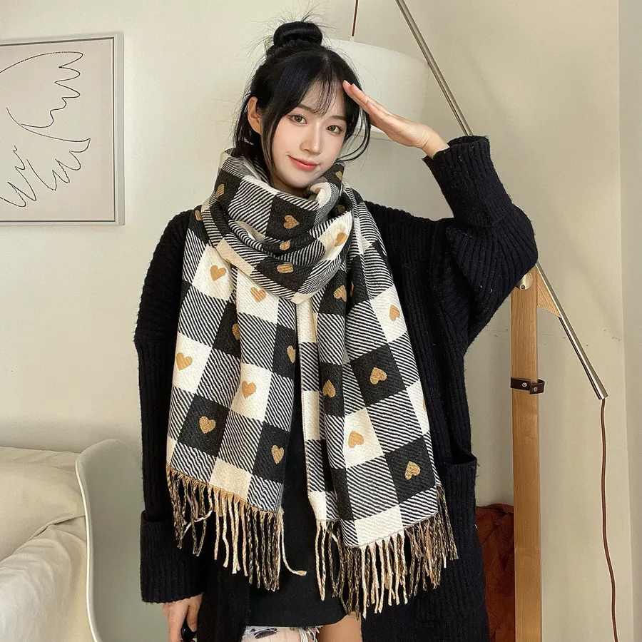 Heart Plaid Faux Cashmere Scarf for Women view 9