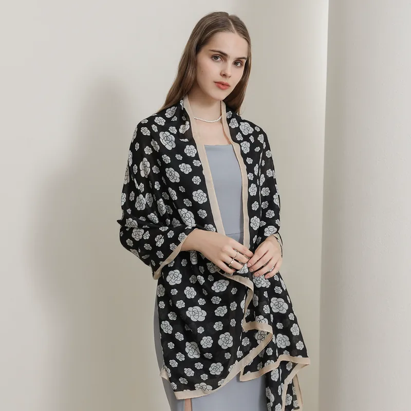 Cotton-Linen Feel Scarf with Camellia Print