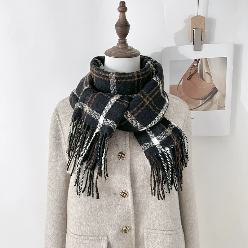 Faux Cashmere Plaid Scarf with Fringe view 2