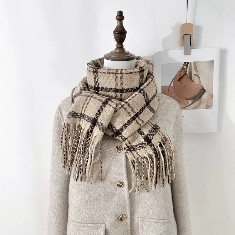 Faux Cashmere Plaid Scarf with Fringe view 3