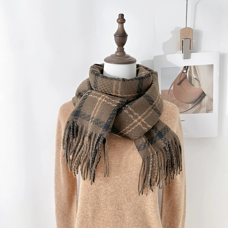 Faux Cashmere Plaid Scarf with Fringe view 4