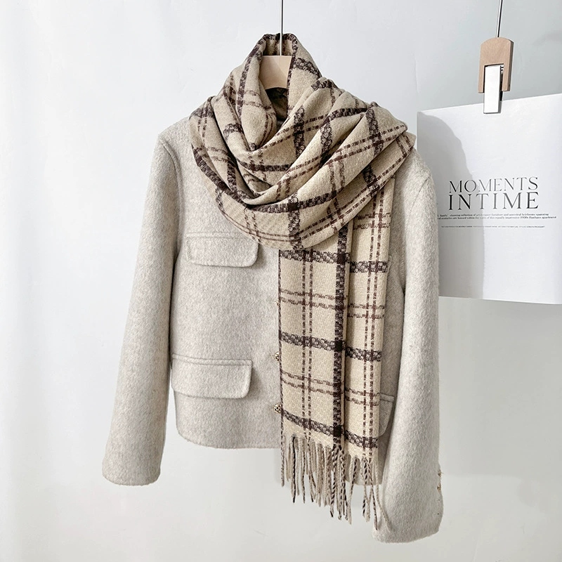 Faux Cashmere Plaid Scarf with Fringe view 8