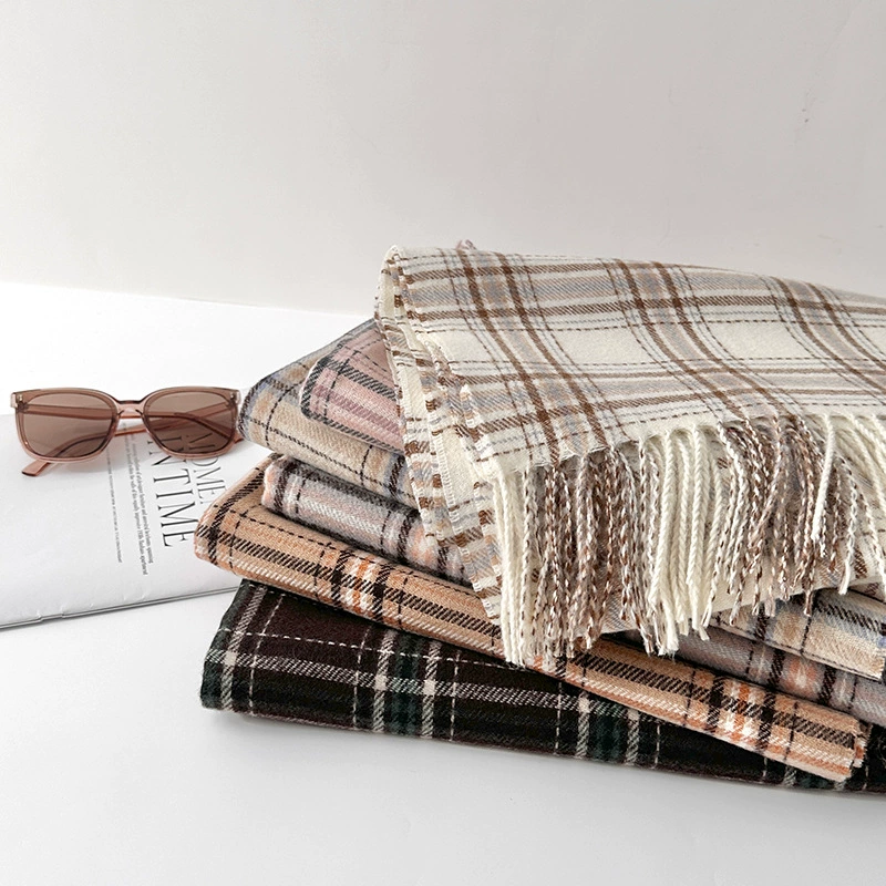 Faux Cashmere Plaid Scarf with Fringe