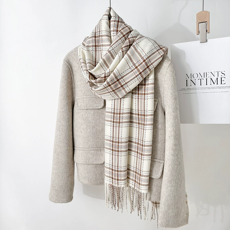 Faux Cashmere Plaid Scarf with Fringe view 2