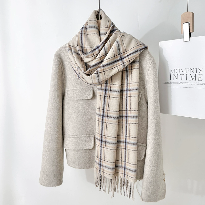 Faux Cashmere Plaid Scarf with Fringe view 3