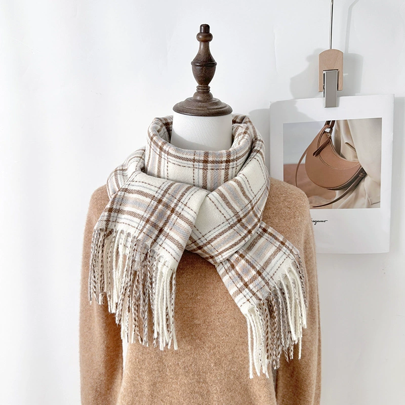 Faux Cashmere Plaid Scarf with Fringe view 4