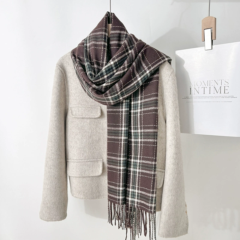 Faux Cashmere Plaid Scarf with Fringe view 6