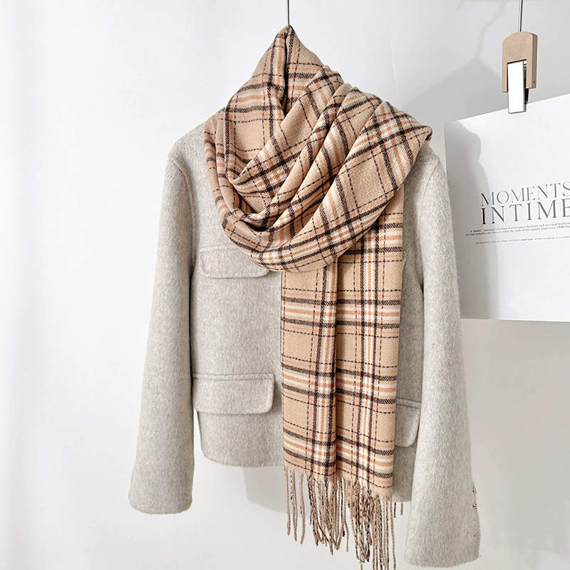 Faux Cashmere Plaid Scarf with Fringe view 9