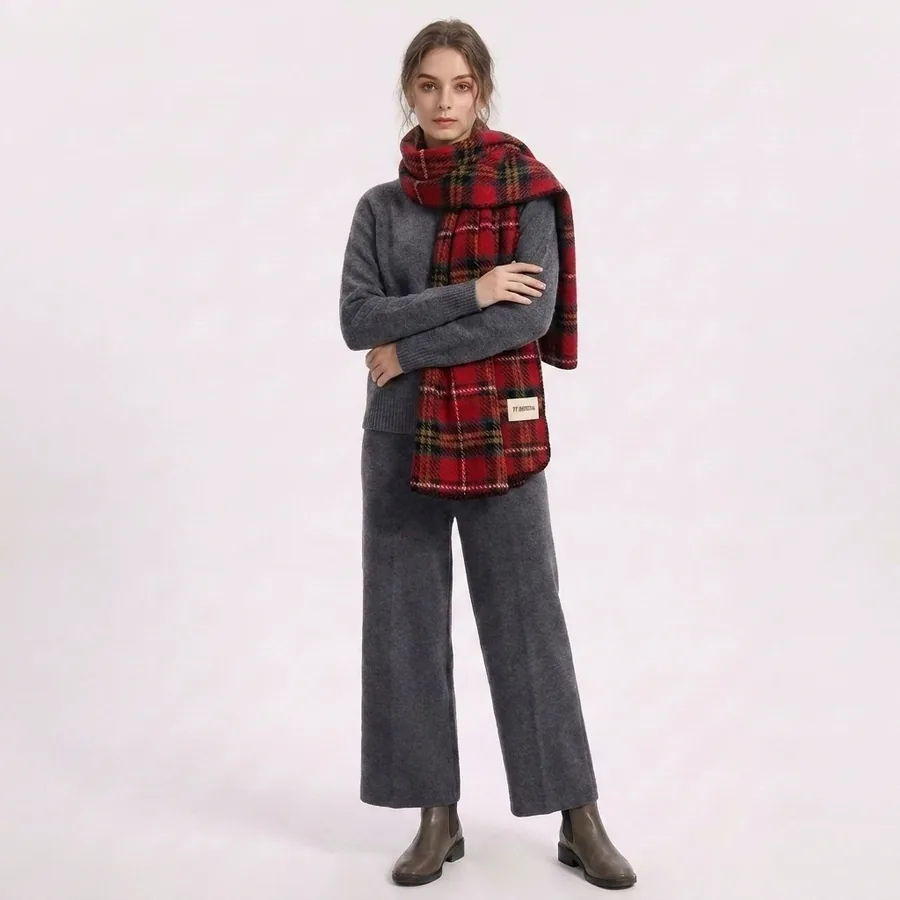 Polyester Plaid Scarf with Fringe view 3