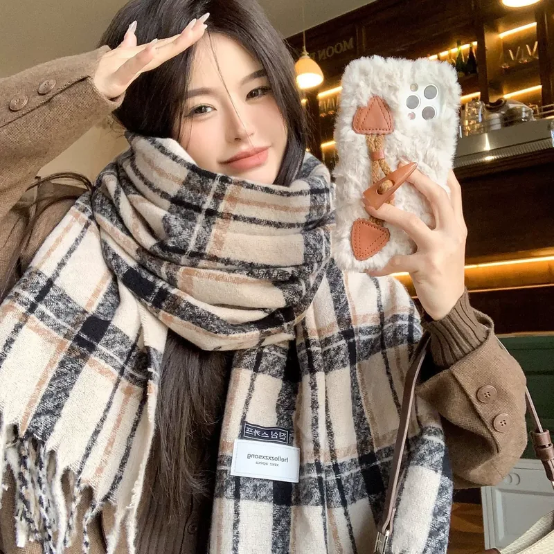 Faux Cashmere Plaid Scarf with Fringe