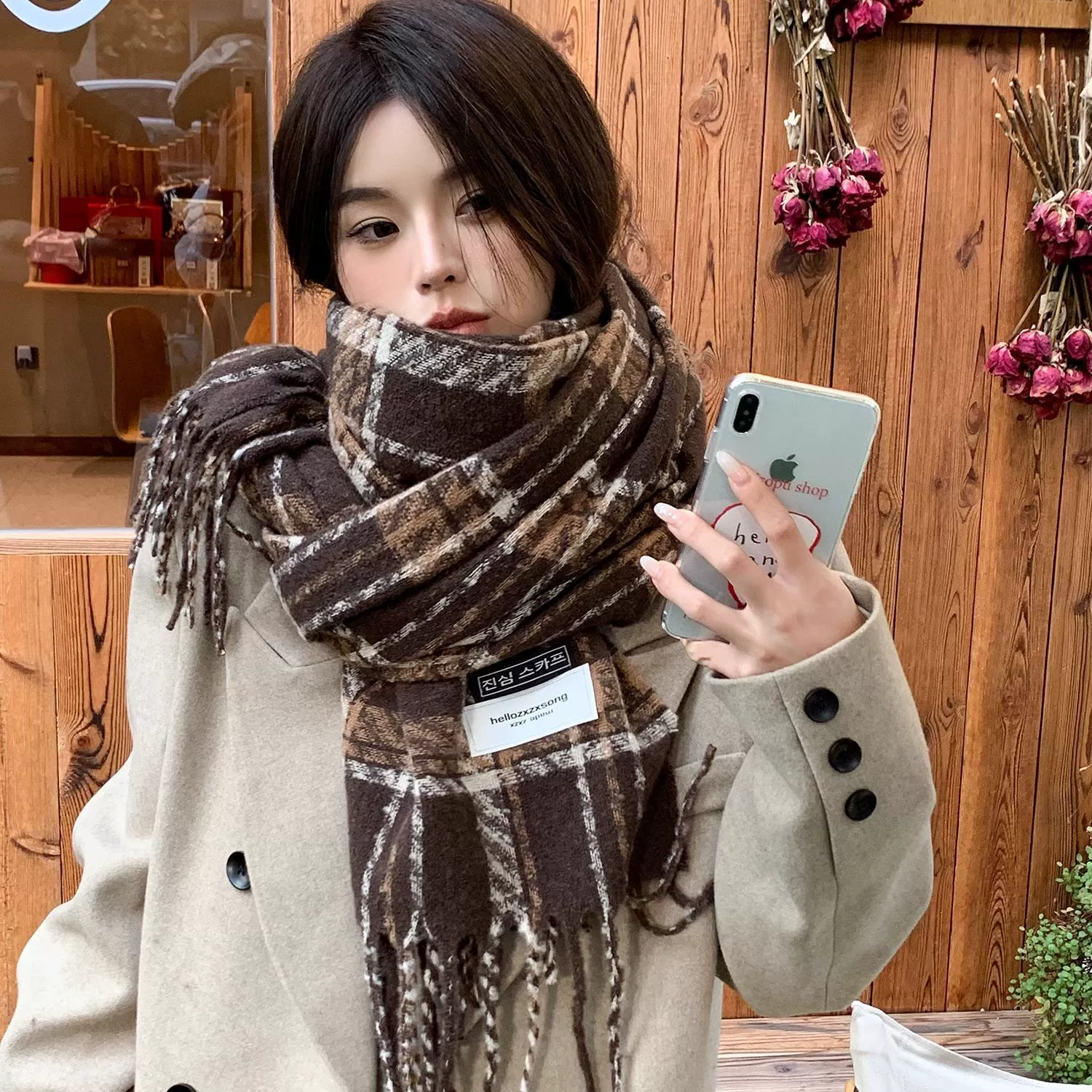 Faux Cashmere Plaid Scarf with Fringe view 4