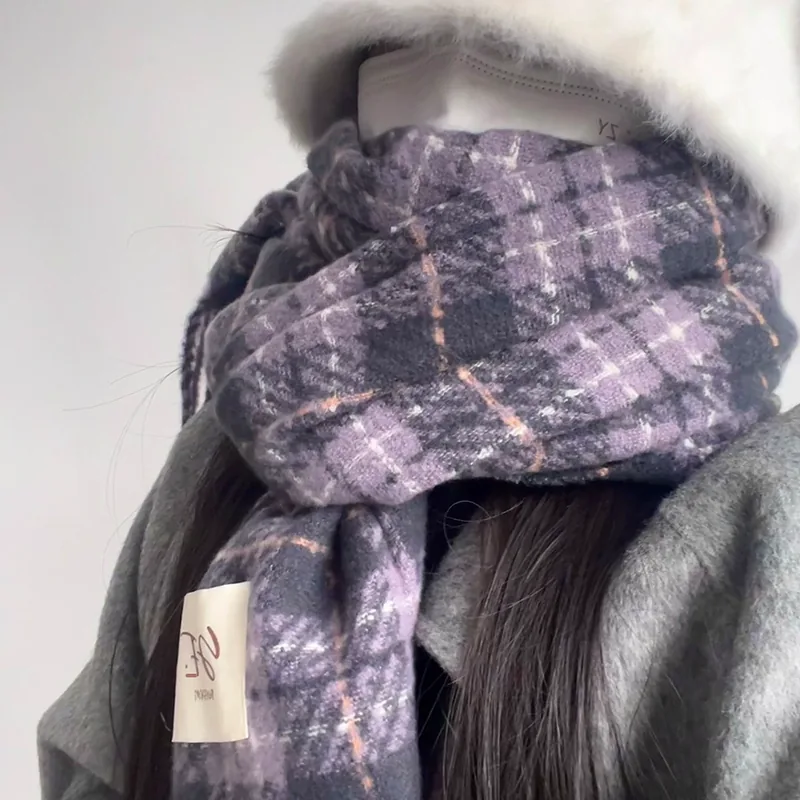 Faux Cashmere Plaid Scarf with Fringe