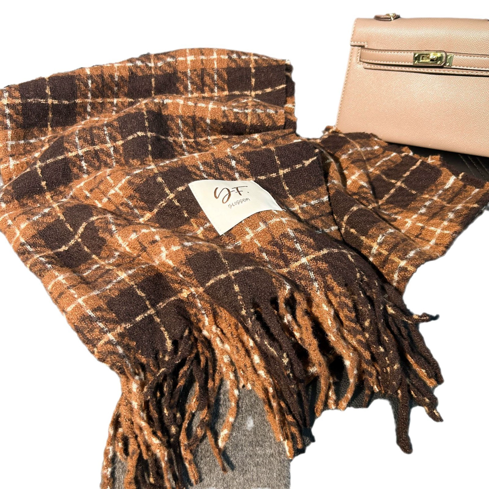 Faux Cashmere Plaid Scarf with Fringe view 5
