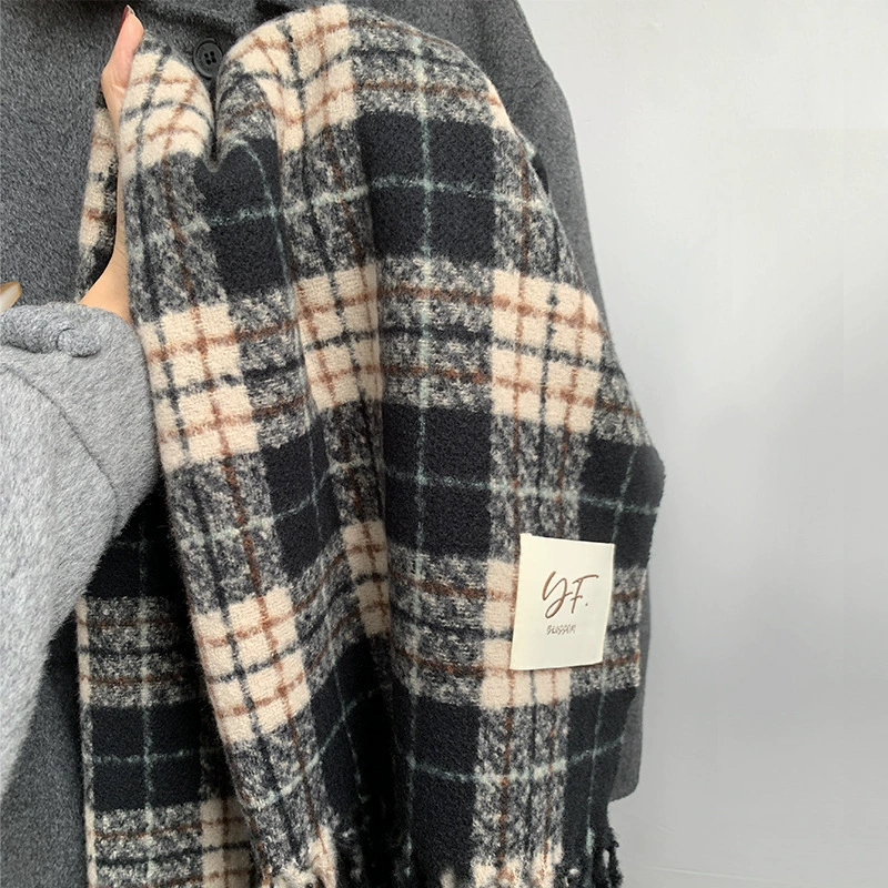 Faux Cashmere Plaid Scarf with Fringe view 7