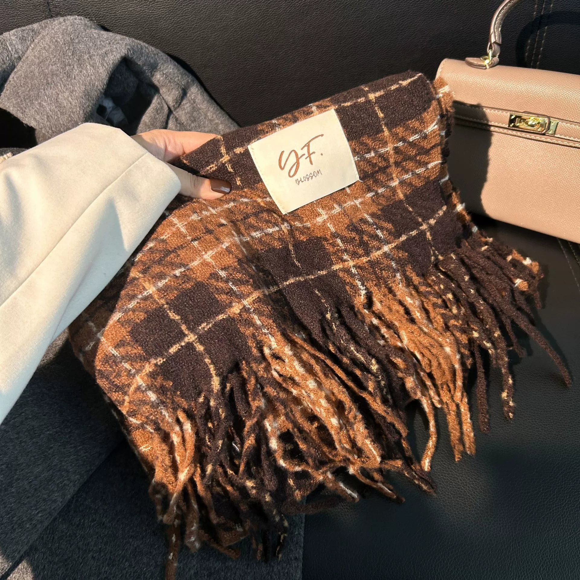 Faux Cashmere Plaid Scarf with Fringe view 9