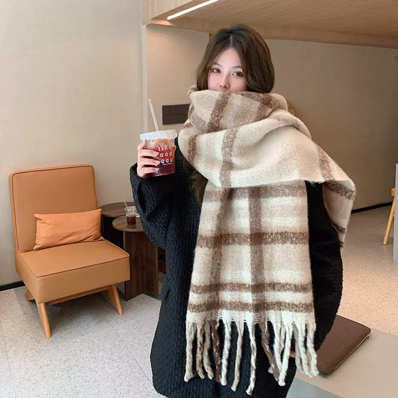 Mohair Feel Plaid Scarf with Fringe