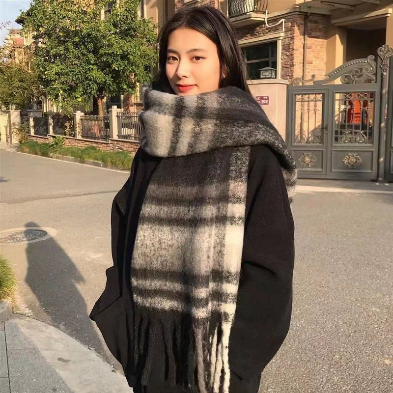 Mohair Feel Plaid Scarf with Fringe view 2