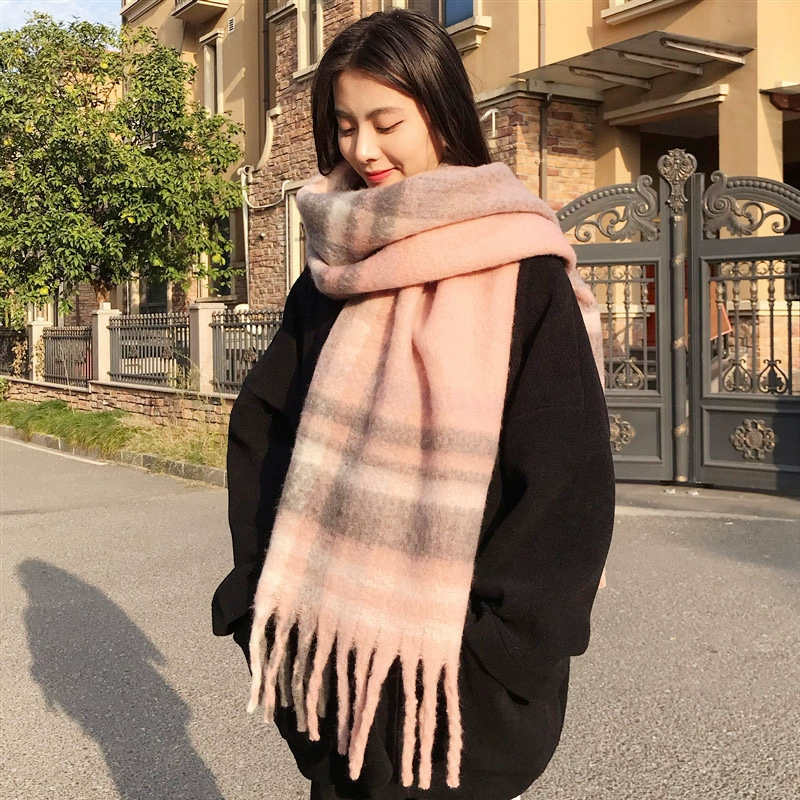 Mohair Feel Plaid Scarf with Fringe view 8