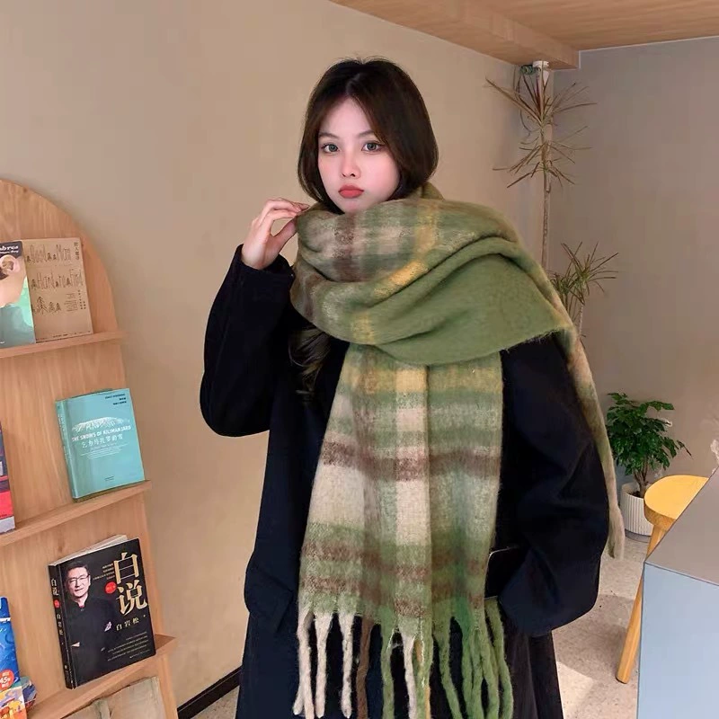 Mohair Feel Plaid Scarf with Fringe view 9