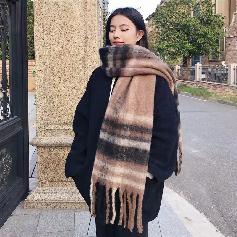 Mohair Feel Plaid Scarf with Fringe view 10