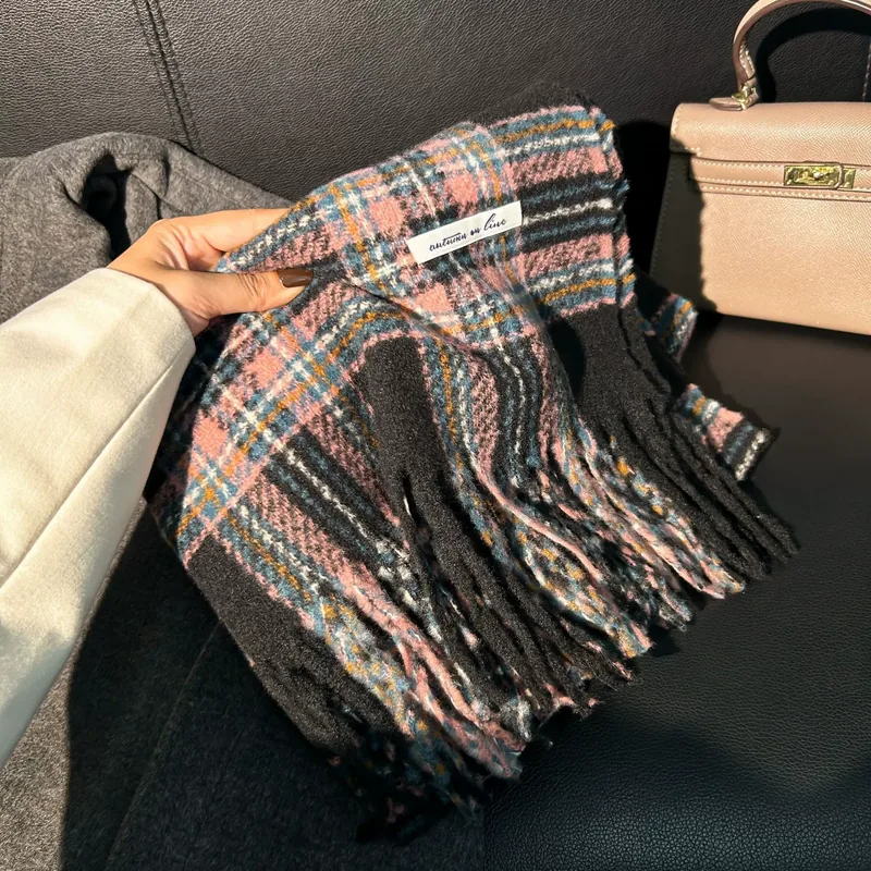 Faux Cashmere Plaid Scarf with Fringe