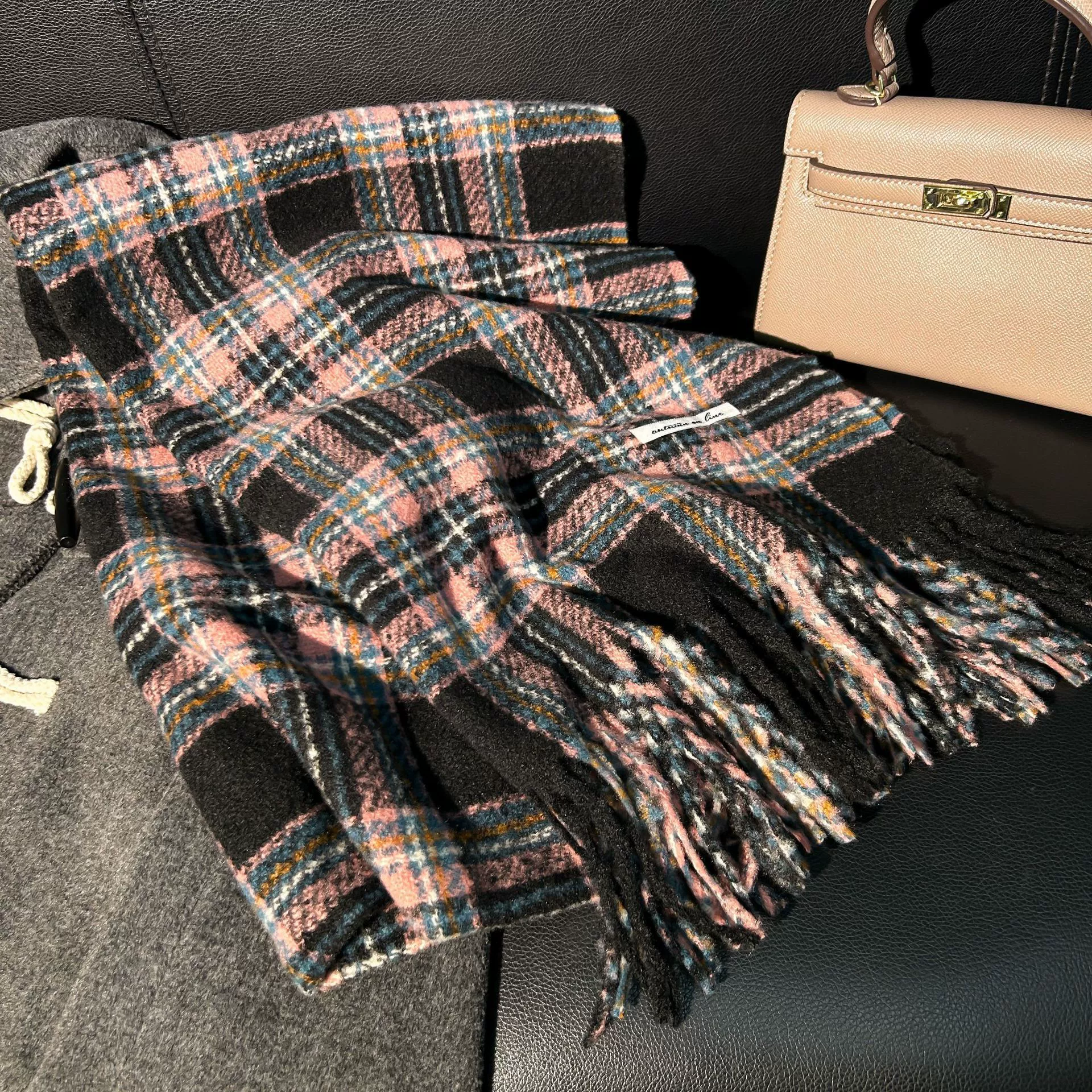 Faux Cashmere Plaid Scarf with Fringe view 2