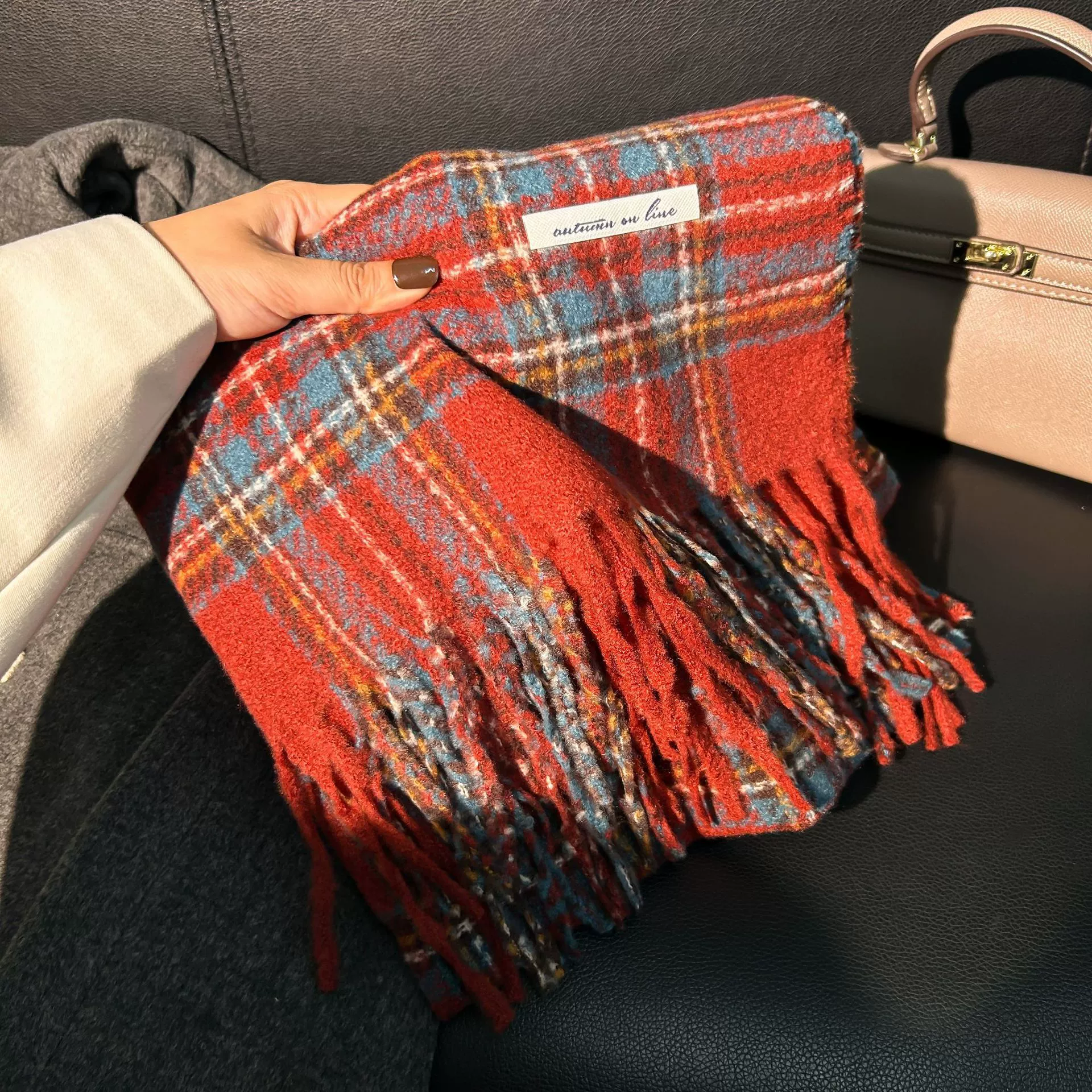 Faux Cashmere Plaid Scarf with Fringe view 3