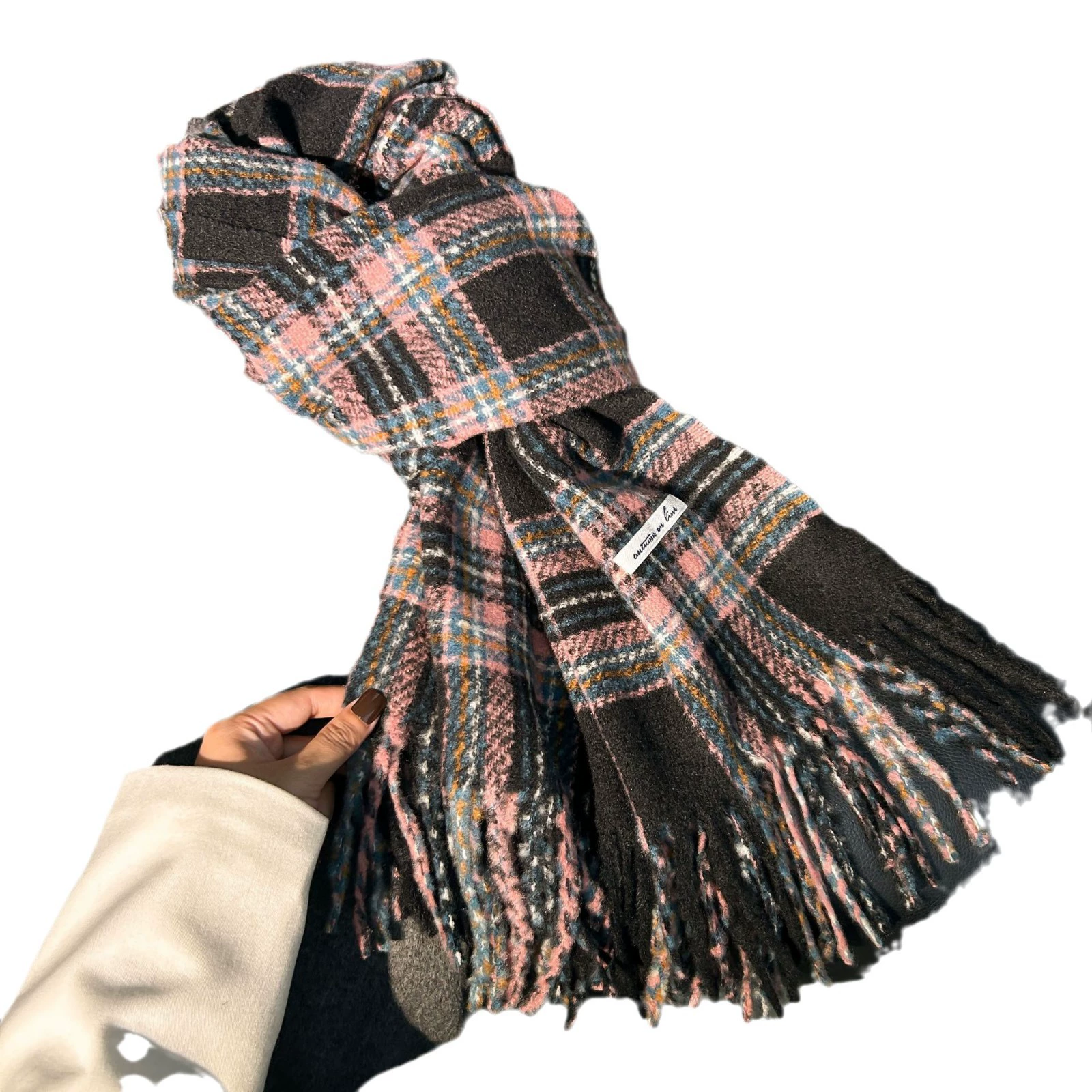 Faux Cashmere Plaid Scarf with Fringe view 5