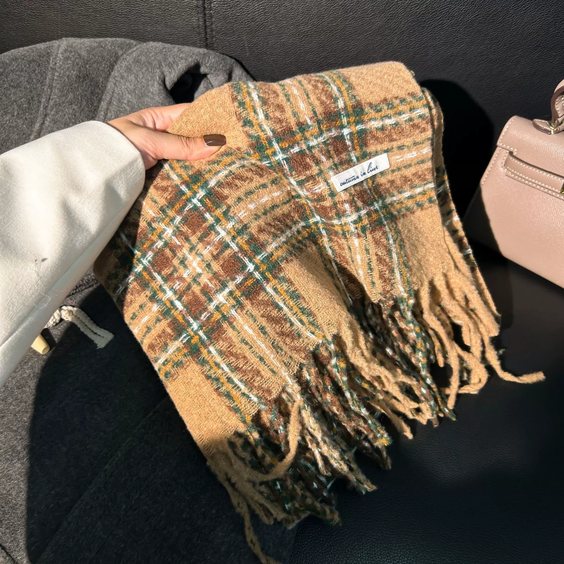 Faux Cashmere Plaid Scarf with Fringe view 7