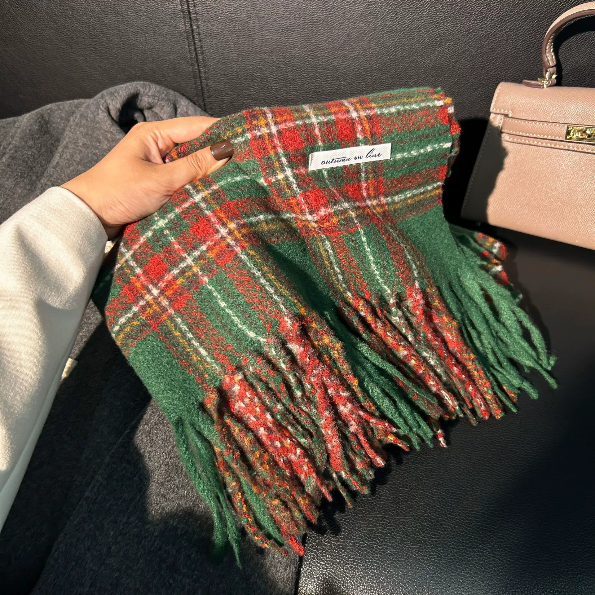 Faux Cashmere Plaid Scarf with Fringe view 8