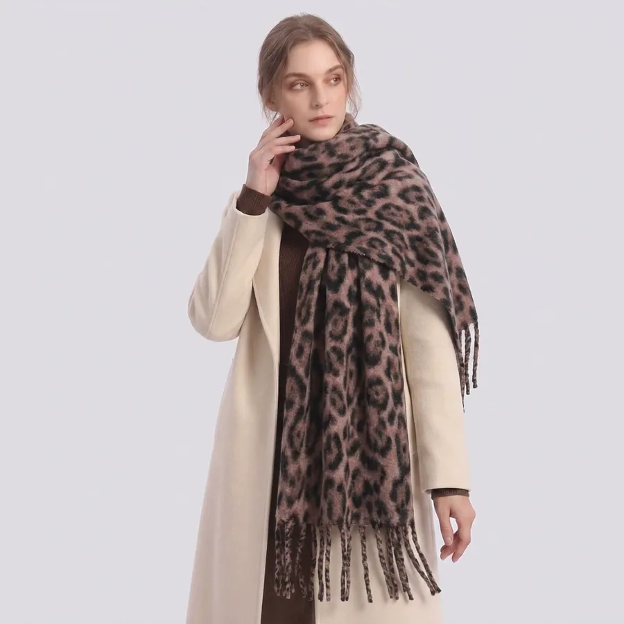 Wool Leopard Print Scarf with Fringe