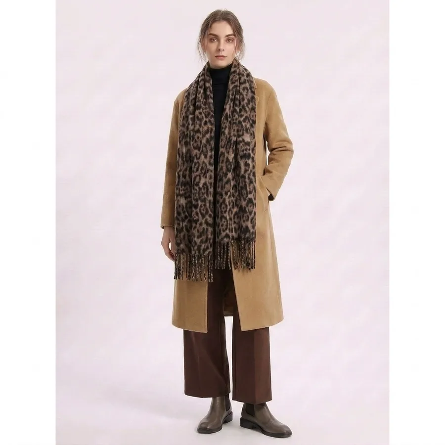 Wool Leopard Print Scarf with Fringe view 2