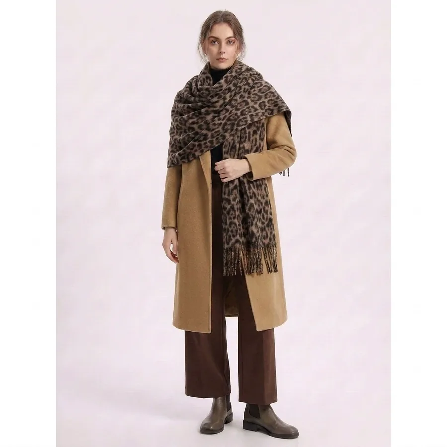 Wool Leopard Print Scarf with Fringe view 3