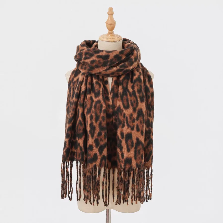 Wool Leopard Print Scarf with Fringe view 6