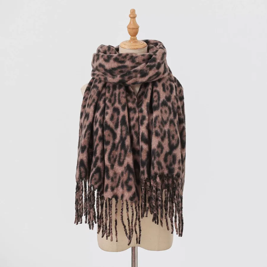 Wool Leopard Print Scarf with Fringe view 7