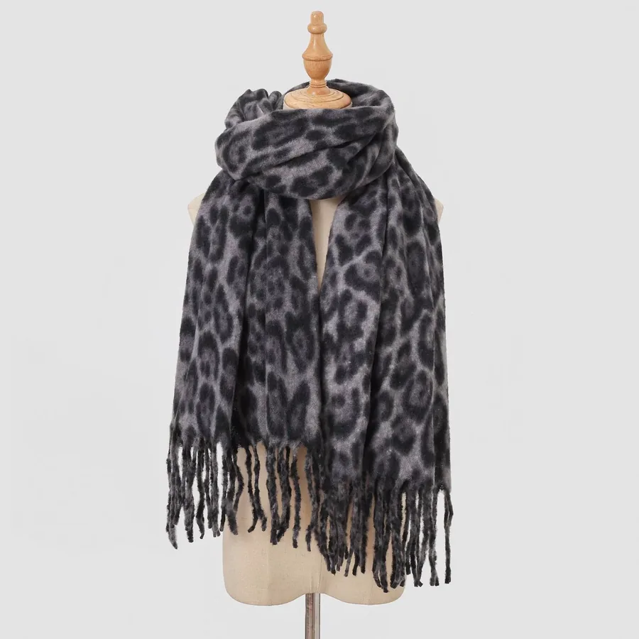 Wool Leopard Print Scarf with Fringe view 8