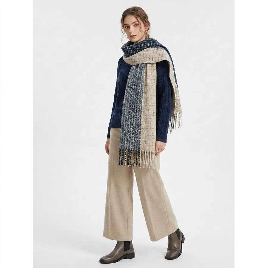 Polyester Color Block Scarf with Fringe
