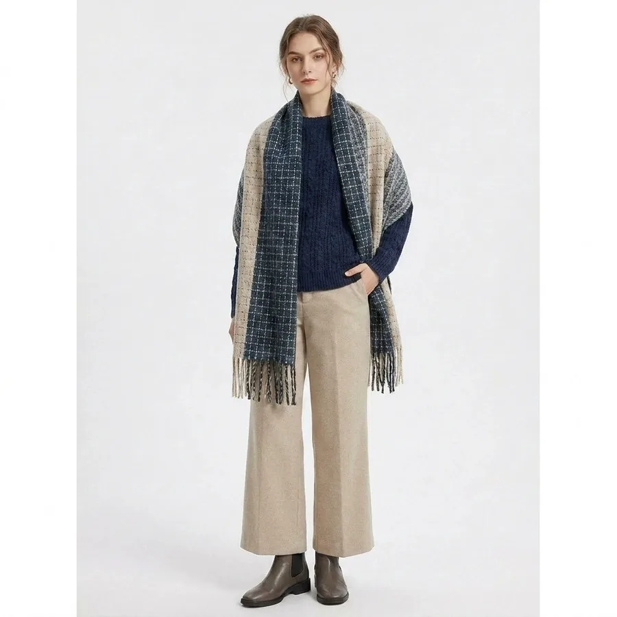 Polyester Color Block Scarf with Fringe view 3