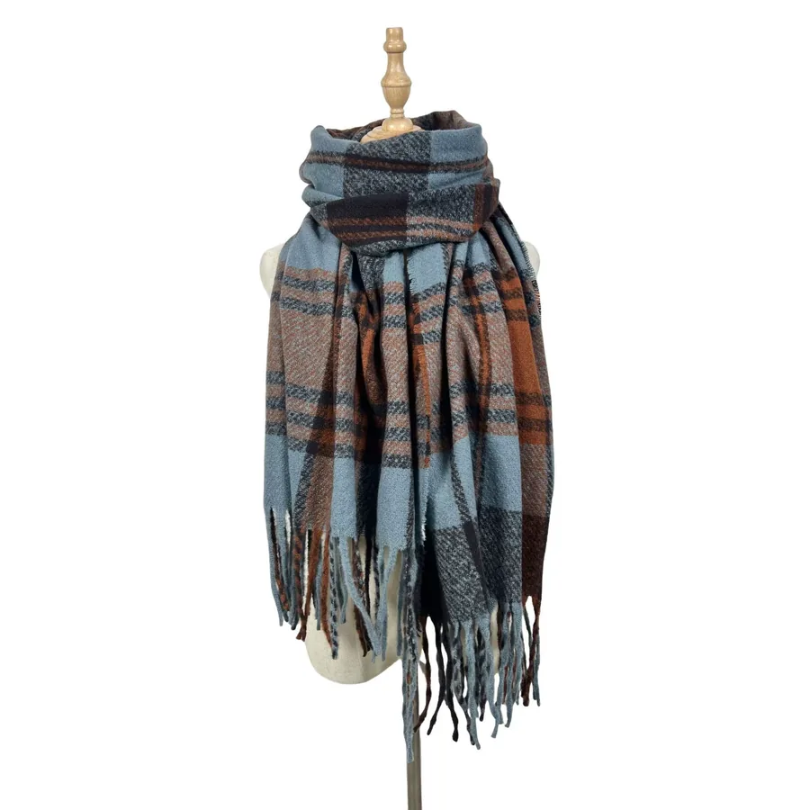 Polyester Plaid Scarf with Fringe view 7