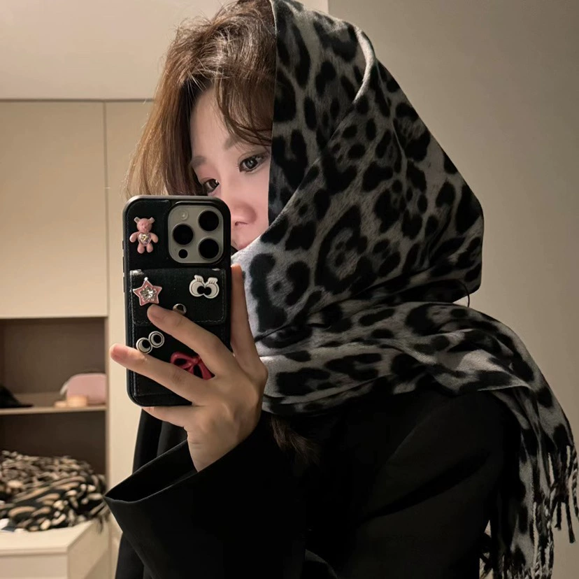 Leopard Print Fringe Scarf for Women view 3