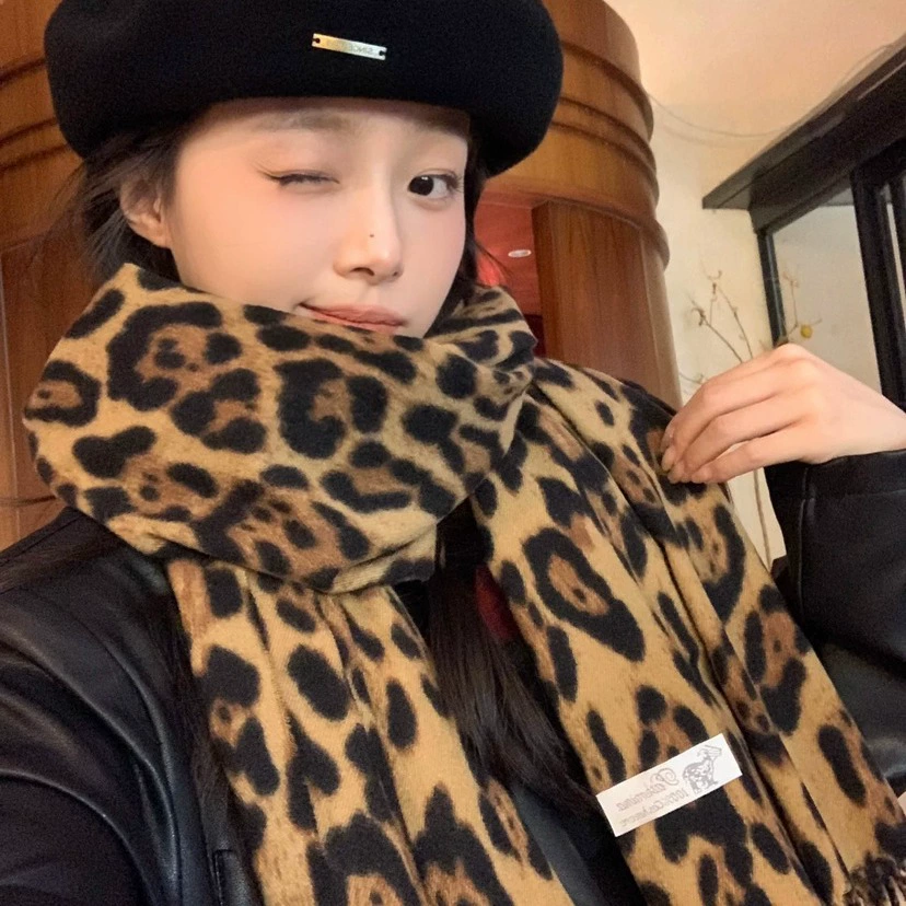 Leopard Print Fringe Scarf for Women view 4
