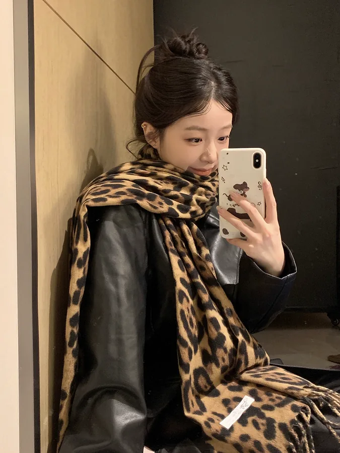 Leopard Print Fringe Scarf for Women view 6